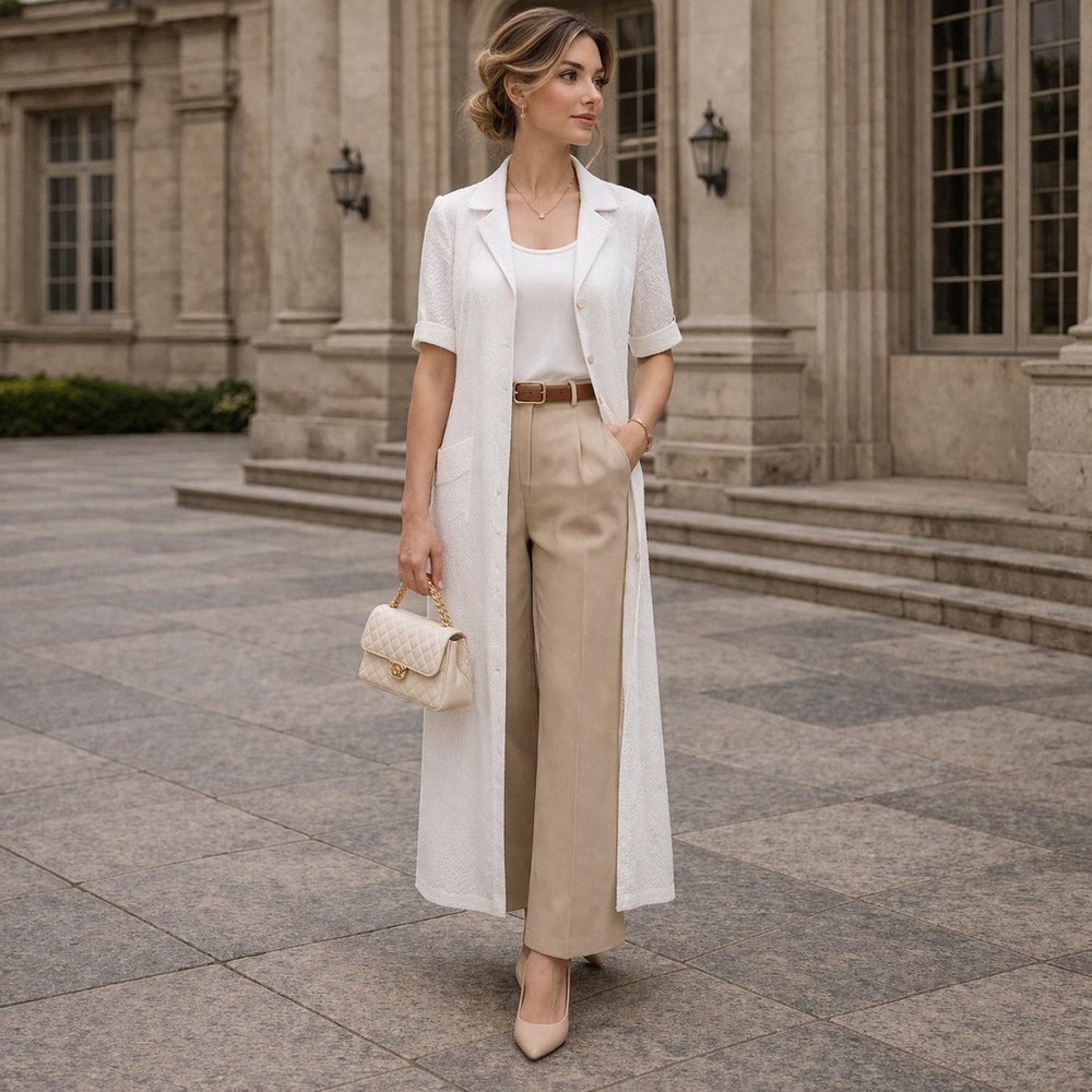 Linda Lundstrom duster coat size 10 buttons white maxi corporate girlie capsule